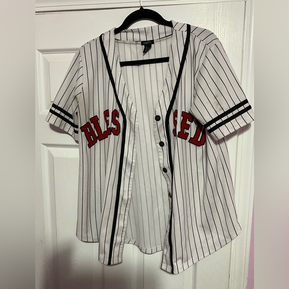 Rue 21 Baseball Blessed Woman Sport V Neck Strips Shirt Size L